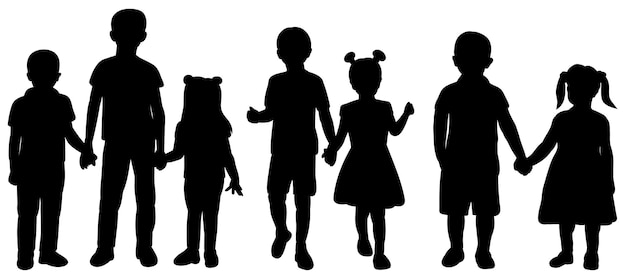 Siluetta nera ragazzi e ragazze bambini isolati