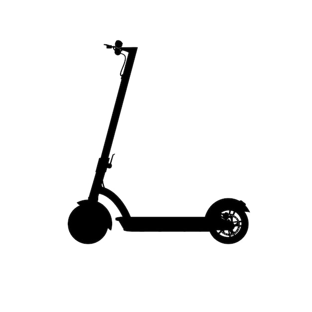 Siluetta realistica di scooter elettrico. Icona nera su sfondo bianco. Grafica vettoriale. Vista laterale.