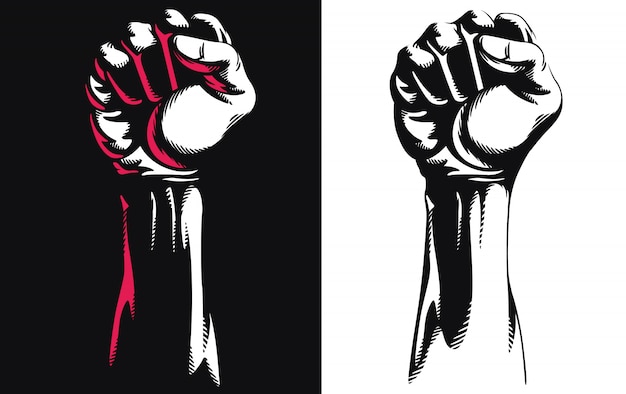 Siluetta sollevata illustrazione di logo dell'icona del punzone di protesta serrata mano del pugno isolata su fondo bianco