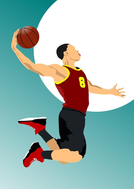 Siluette di giocatori di basket Vettore a colori Illustrazione disegnata a mano 3D