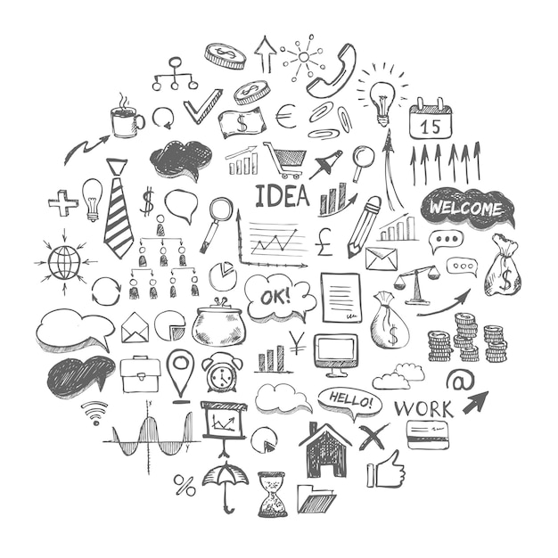 Simboli aziendali disegnati a mano Concetto di gestione con stile di design Doodle