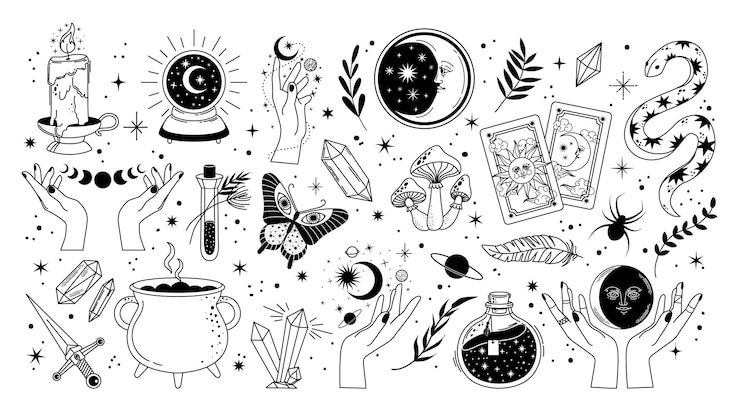 Vettore simboli esoterici dell'astrologia elementi mistici delle streghe disegni magici adesivi spaziali segno di galassia simbolo dell'oroscopo astrologico simbolo di palla magica polvere di falena pianeta concetto vettoriale di mano