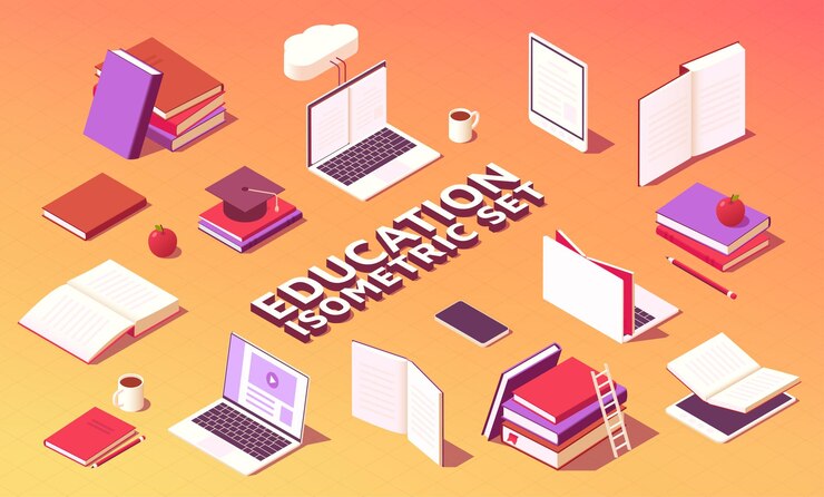 Vettore simboli isometrici dell'istruzione moderna corsi online universitari e universitari portatile e notebook con libri concetto di apprendimento a distanza set vettoriale