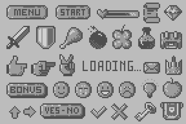 Simboli neri a 8 bit di pixel Emoticons cursore freccia suono testo bobbles scala di salute menu del gioco icone dell'interfaccia UI set isolato vettoriale