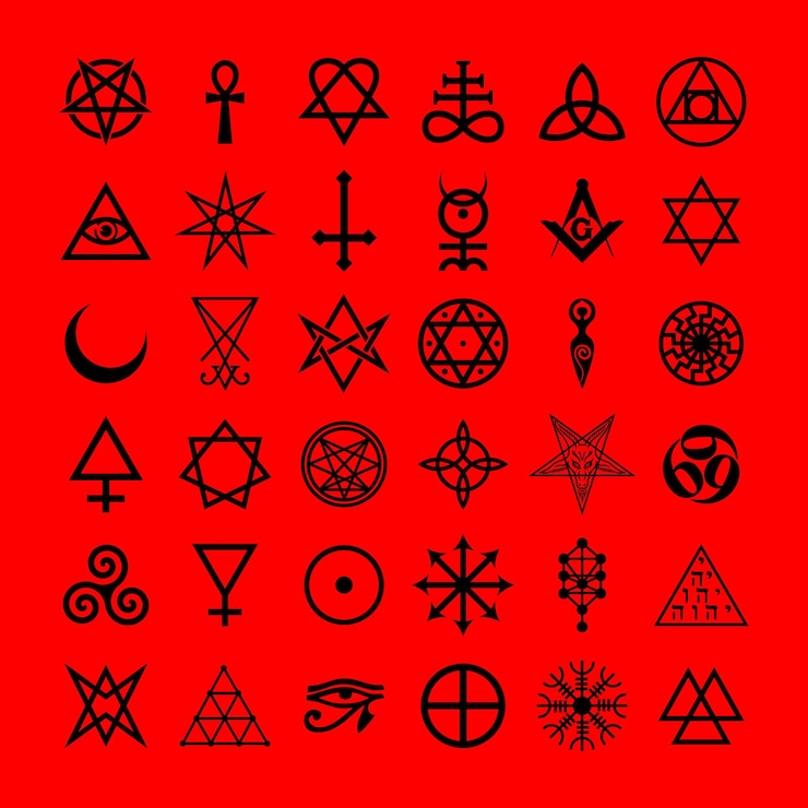 Vettore simboli satanici occultismo medievale francobolli magici sigilli chiavi simboli mistici nodi diavoli croce sigillo lucifero baphomet vettoriale