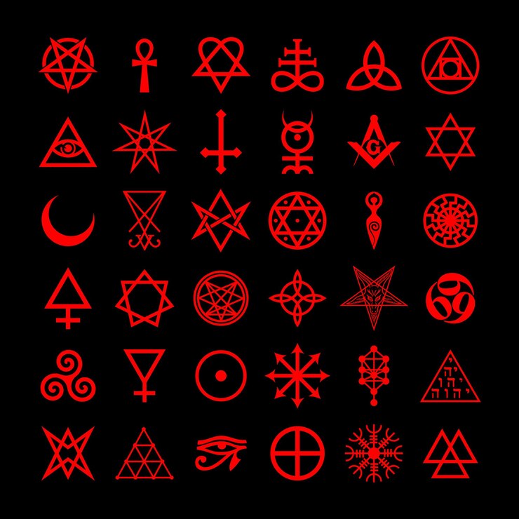 Vettore simboli satanici occultismo medievale francobolli magici sigilli chiavi simboli mistici nodi diavoli croce sigillo lucifero baphomet vettoriale