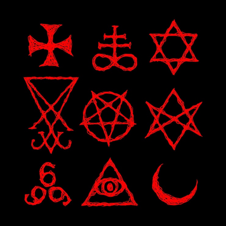 Vettore simboli satanici occultismo medievale francobolli magici sigilli chiavi simboli mistici