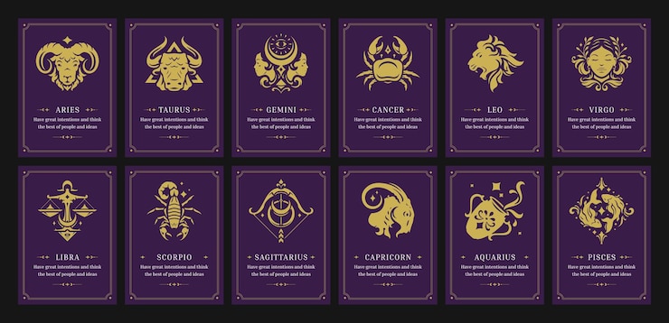 Vettore simboli zodiacali astrologia oroscopo card design vintage con descrizione set illustrazione vettoriale