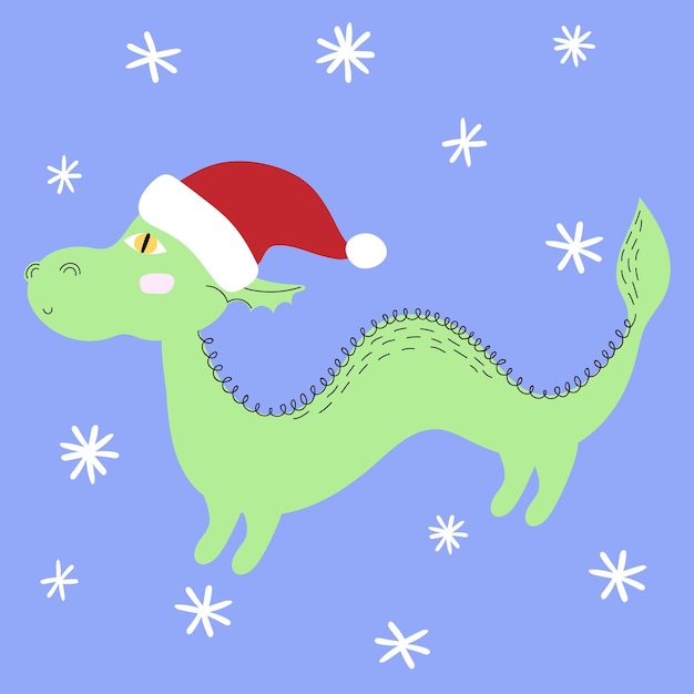 Simbolo del drago verde del 2024 con cappello di Babbo Natale Cartolina delle vacanze Capodanno cinese Natale