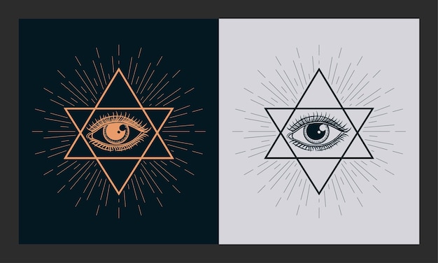 Simbolo del massone dell'occhio che vede tutto nel vettore del triangolo con lo stile dell'incisione