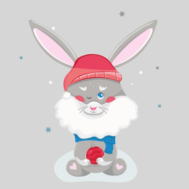 Simbolo del nuovo anno 2023. Coniglietto in cappello di Babbo Natale con decorazioni natalizie. Illustrazione vettoriale