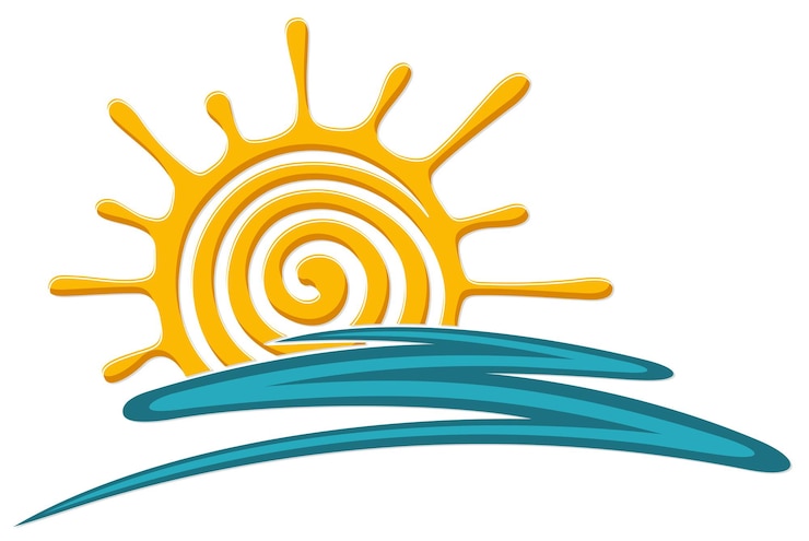 Vettore simbolo del sole e dell'onda blu