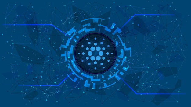 Simbolo del token Cardano in un cerchio digitale con un tema di criptovaluta su sfondo blu. Icona della moneta ADA. Oro digitale per sito Web o banner. Copia spazio. Vettore Eps10.
