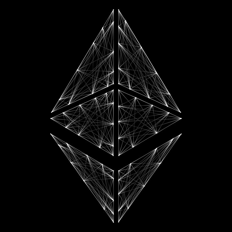 Vettore simbolo del token di criptovaluta ethereum eth, icona di moneta bianca poligonale lineare isolata su sfondo nero. elemento di design per sito web o banner. illustrazione vettoriale.