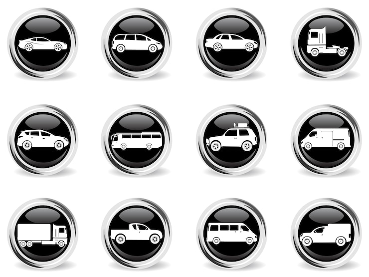 Vettore simbolo del trasporto automobilistico sul pulsante nero rotondo con anello in metallo