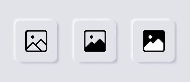 Simbolo dell'icona della galleria neumorfica o dell'album fotografico dell'immagine per il web dell'app ui ux nei pulsanti bianchi del neumorfismo
