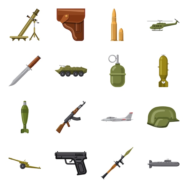 Simbolo di arma e pistola disegno vettoriale. Collezione di armi ed esercito