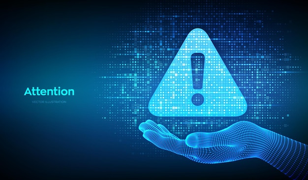 Simbolo di attenzione realizzato con codice binario in wireframe Danger Sign Virus Alert Hacking Piracy Risk