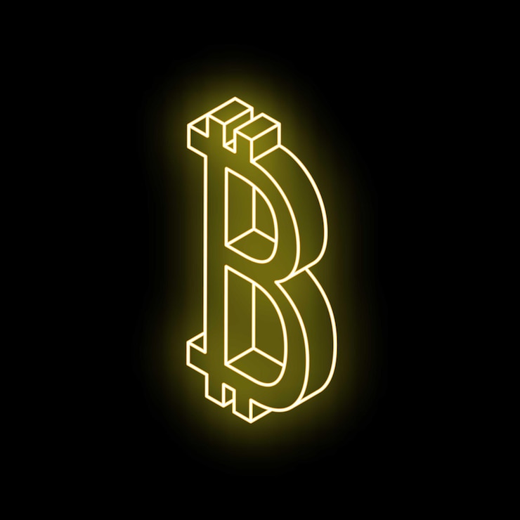 Vettore simbolo di bitcoin al neon luminoso su sfondo nero