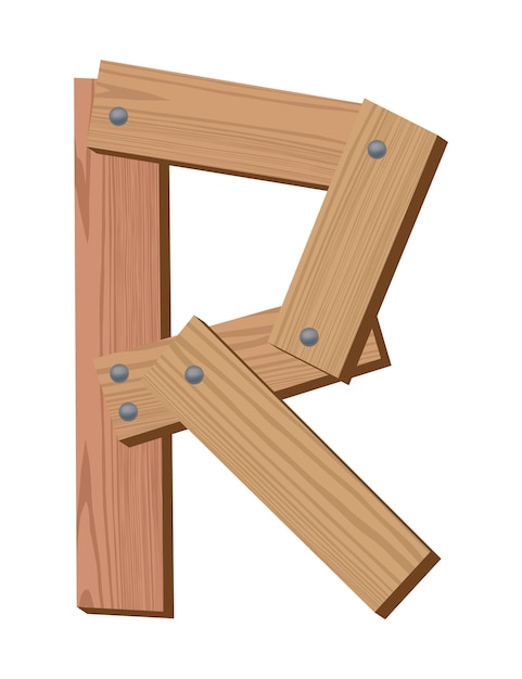 Simbolo di carattere dell'alfabeto di legno R Lettera di consistenza isolata su illustrazione vettoriale bianca Tipo di carattere tipografico realizzato con tavole di legno