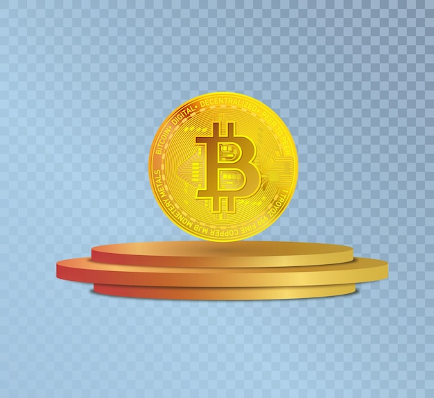 Simbolo di moneta d'oro Bitcoin in criptovaluta sul podio
