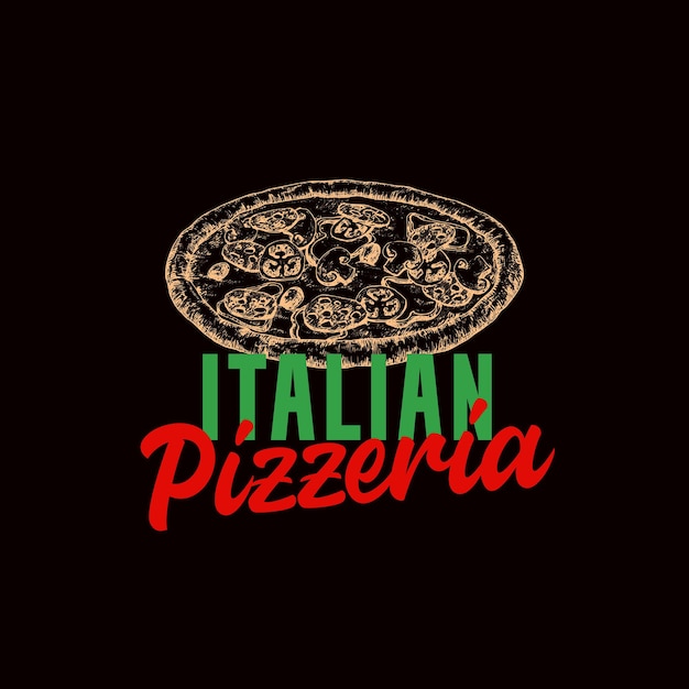 Simbolo di vettore astratto di cucina italiana o modello di logo Schizzo disegnato a mano Pizza con tipografia moderna Emblema di lusso vintage Sfondo nero