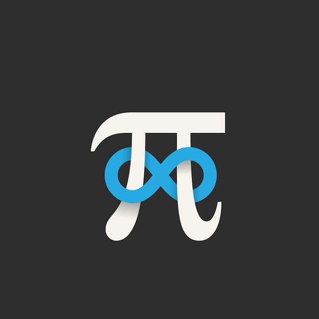 Simbolo Pi con segno infinito Icona vettore astratto Etichetta logo o illustrazione Ombre morbide Colori grigio e blu Sfondo scuro