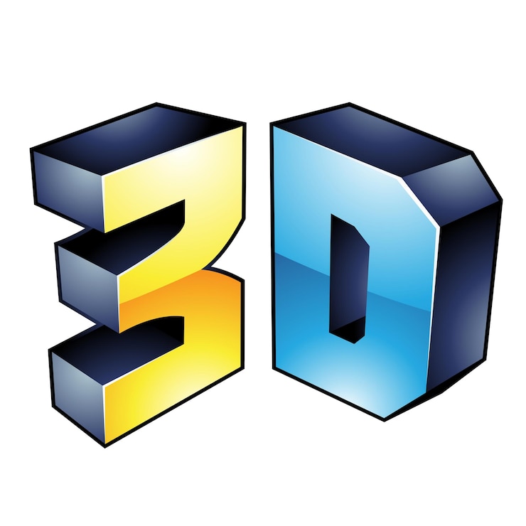Vettore simbolo tecnico di visualizzazione 3d giallo e blu lucido con contorni neri