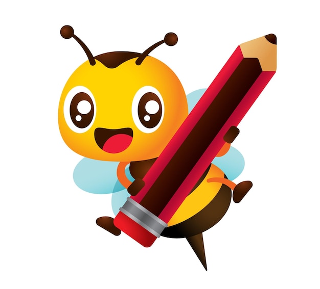 Simpatica ape mellifera ridente che trasporta una matita grande per l'uso del tema dell'educazione b. Torna a tema scuola