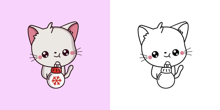 Vettore simpatica clipart di gatto bianco di natale per colorare pagine e illustrazioni felice clip art gattino di natale