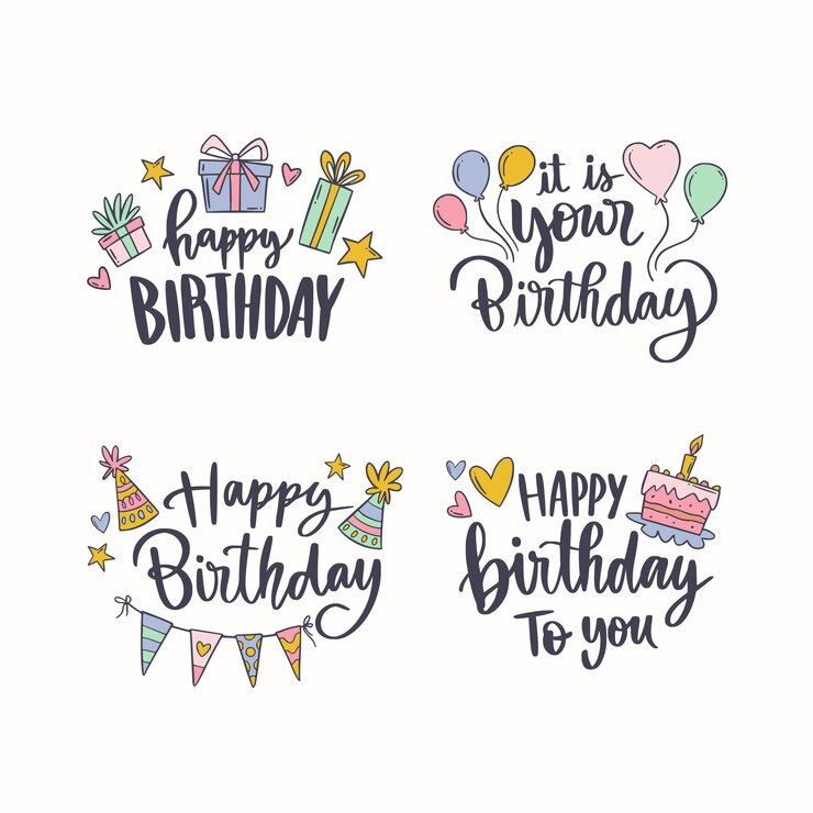 Vettore simpatica etichetta e distintivi di compleanno disegnati a mano