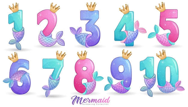 Simpatica numerazione in stile sirena per set di illustrazioni per feste di compleanno