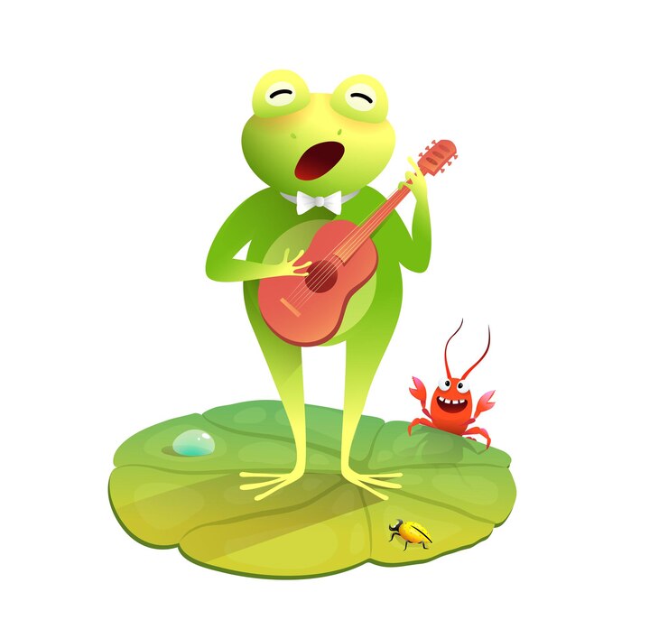 Vettore simpatica rana o rospo che canta e suona la chitarra divertente cartone animato da concerto di animali per bambini e bambini