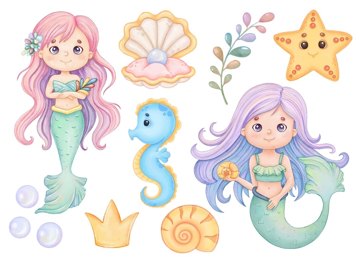 Vettore simpatiche sirene clipart ad acquerello