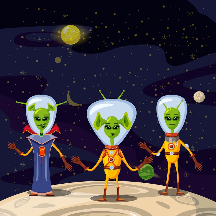 Vettore simpatici alieni in tute spaziali, personaggi dei cartoni animati dell'equipaggio di astronave