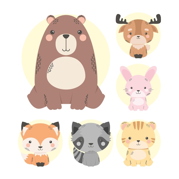 Simpatici personaggi dei fumetti di sei animali