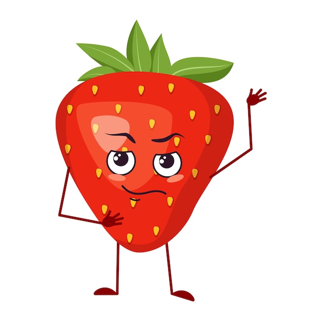 Simpatici personaggi di fragole con viso ed emozioni, braccia e gambe. L'eroe divertente o triste, frutta rossa e bacca. Illustrazione piatta vettoriale