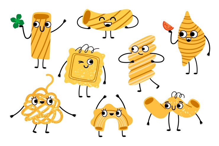 Simpatici personaggi di pasta Cartoon sorridente ravioli spaghetti spirali cucina italiana cibo divertente tagliatelle prodotti facce felici set vettoriale