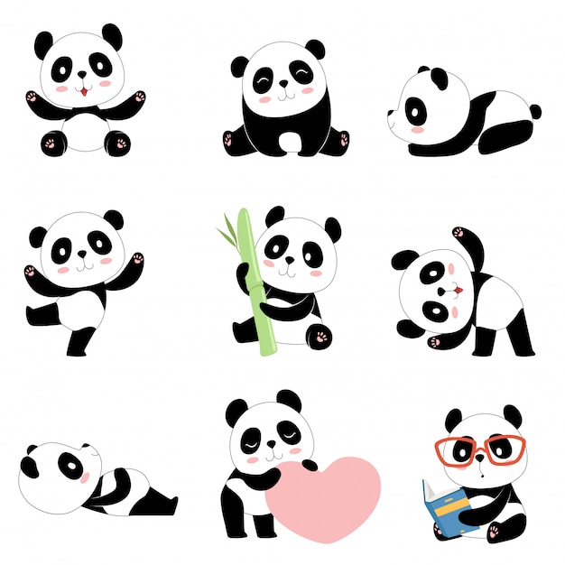 Simpatici personaggi panda. Mascotte felice appena nata del giocattolo dei panda dell'orso cinese isolata