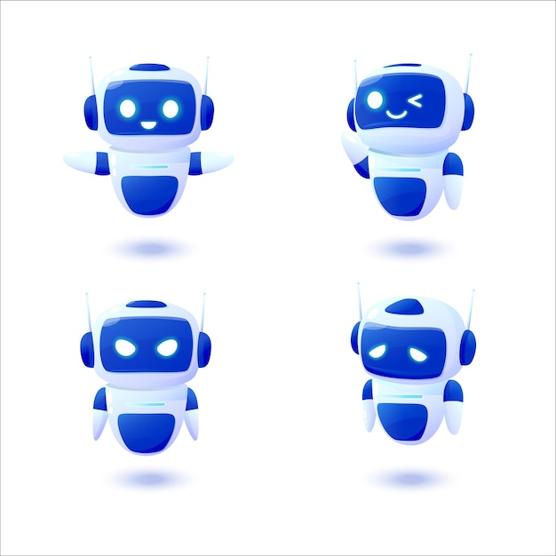 Simpatici robot - 1. Un simpatico set di personaggi chatbot 3D. Illustrazione vettoriale.