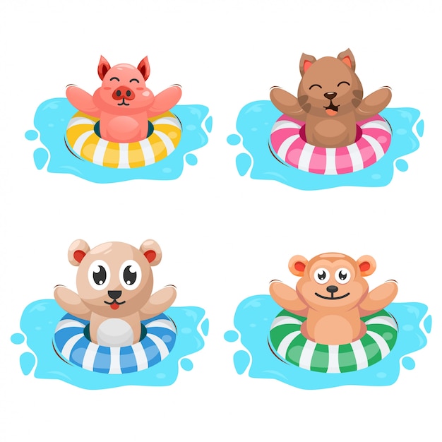 Simpatico animale con anello di nuoto dei cartoni animati