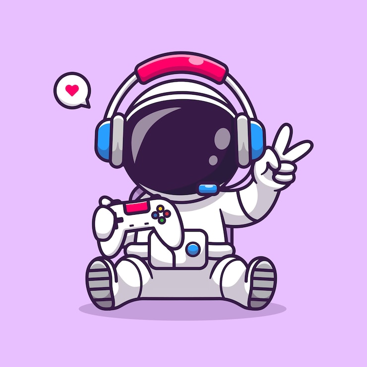 Vettore simpatico astronauta gamer che tiene il joystick con la cuffia cartoon icona vettore illustrazione science techno
