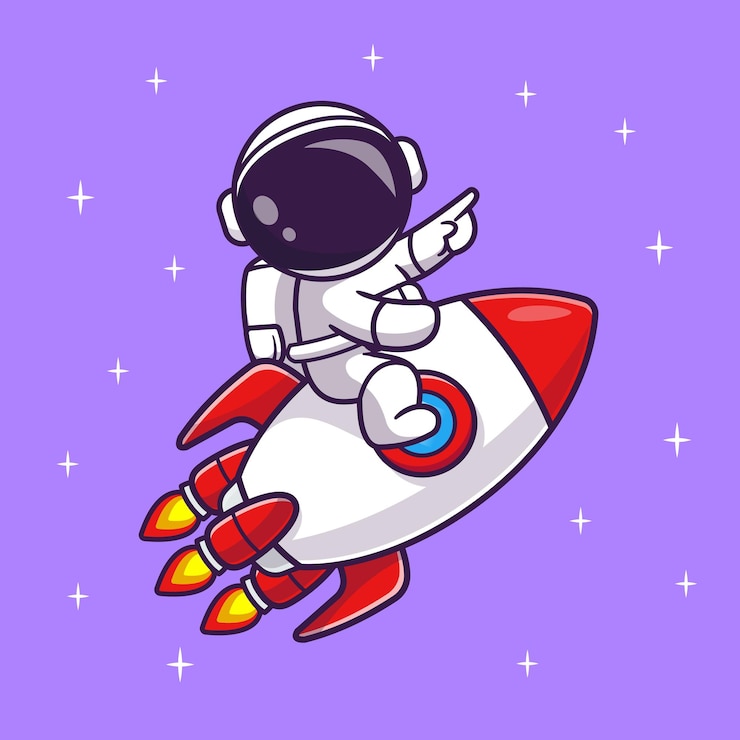 Vettore simpatico astronauta in sella a un razzo e stella che punta nell'illustrazione dell'icona del vettore dei cartoni animati dello spazio. scienza