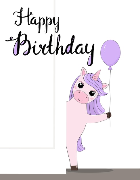 Simpatico biglietto di auguri con unicorno e testo di buon compleanno Un cavallo rosa e viola con un palloncino fa capolino dalla porta Modello per un biglietto di auguri