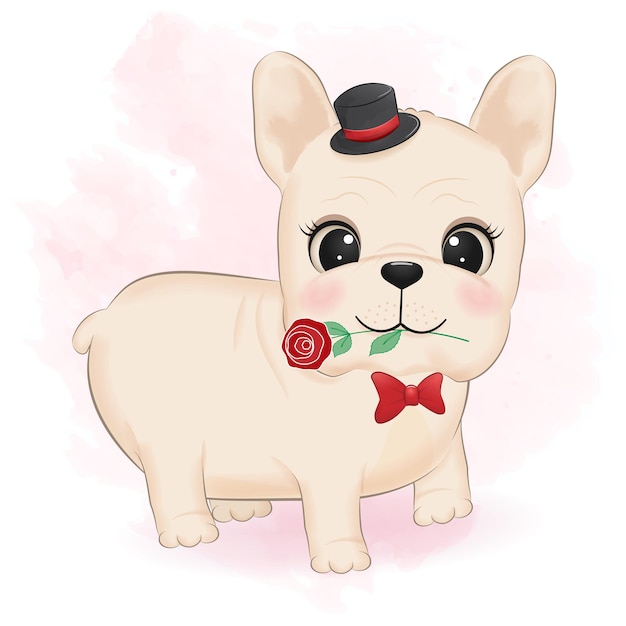 Simpatico bulldog francese e concetto di san valentino fiore