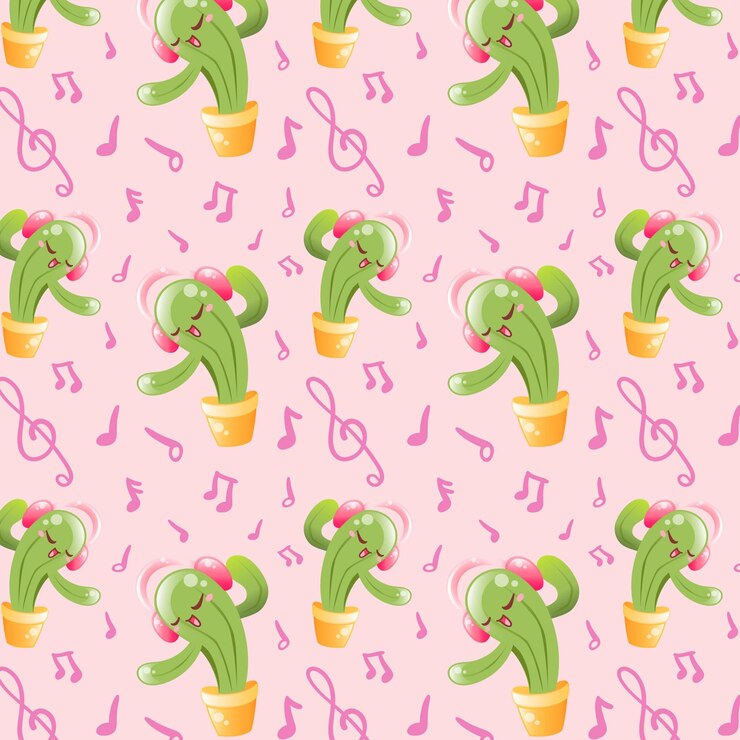 Simpatico cactus felice che balla alla musica con il motivo di sfondo rosa delle cuffie