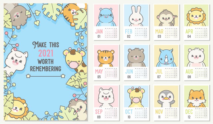 Simpatico calendario 2021. Calendario planner annuale con tutti i mesi.