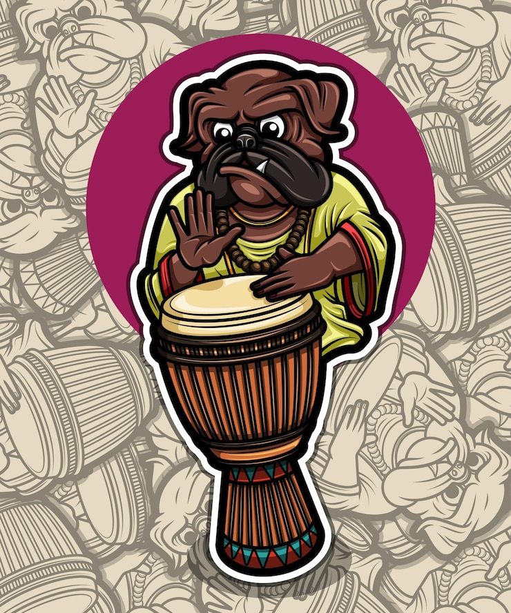 Vettore simpatico cane carlino che gioca a djembe illustrazione