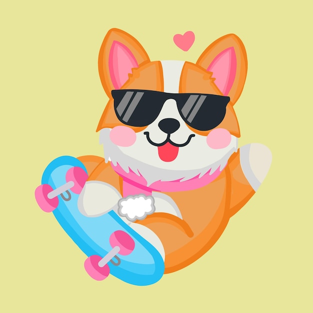 Simpatico cane corgi che indossa occhiali da sole gioca a skateboard