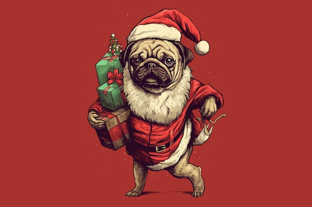 Simpatico cane pug in costume di babbo natale in stile illustrazione grafica Illustrazione vettoriale